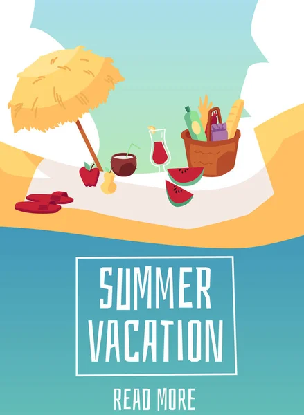 Плакат летних каникул - одеяло для пикника с корзиной для еды на песчаном пляже — стоковый вектор