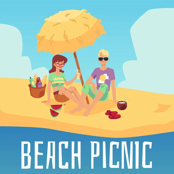 Banner de picnic de playa de verano con pareja en vacaciones de mar ilustración vector plano. — Vector de stock