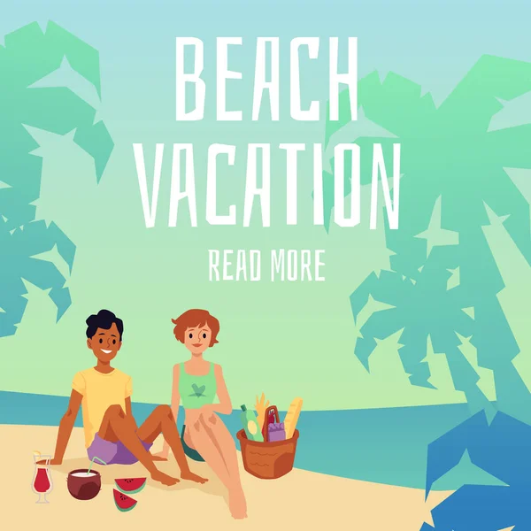 Pareja de dibujos animados en el picnic de vacaciones de playa junto al mar sentado en la arena — Vector de stock