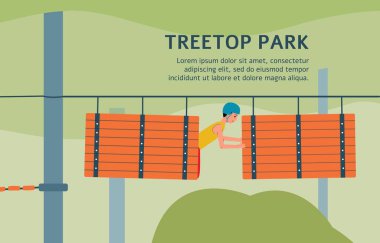 Ağaç tepesi halat parkı afişi engelli parkurda çizgi filmci ile şablon