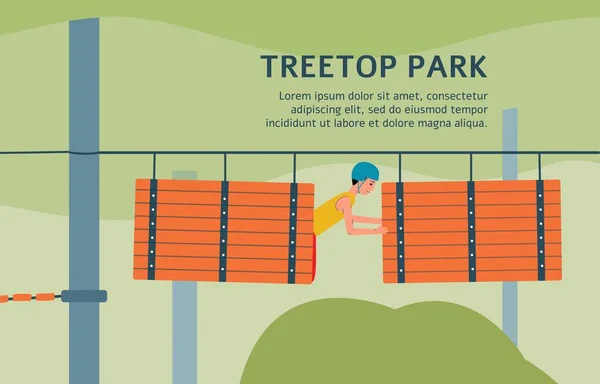 Plantilla de banner de parque de cuerda de árbol con hombre de dibujos animados en carrera de obstáculos — Vector de stock