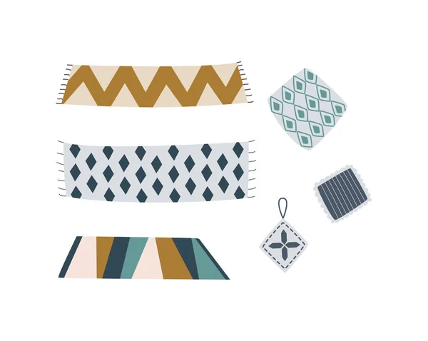 Gemütliche Teppichgarnitur mit kühnen Mustern und dekorativer Heimtextilien-Kollektion — Stockvektor