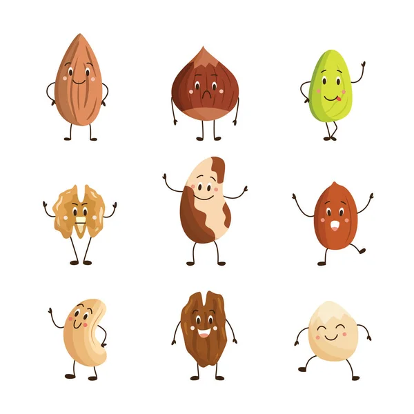 Conjunto de dibujos animados divertidos varios personajes frutos secos ilustración vectorial aislado. — Archivo Imágenes Vectoriales