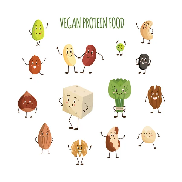 Caracteres veganos de alimentos proteicos. — Vector de stock