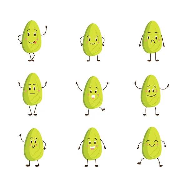 Pistacchio ai cartoni animati con emozioni - set isolato di personaggi alimentari — Vettoriale Stock