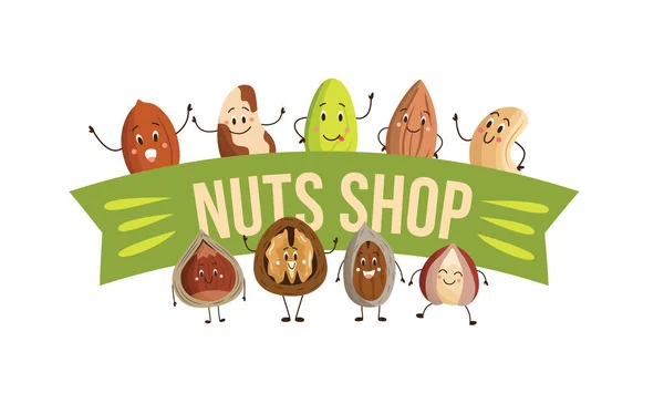 Nueces tienda de banner con caracteres lindos de frutos secos ilustración vector plano aislado. — Vector de stock