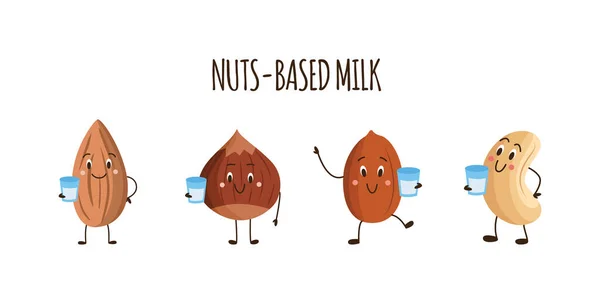 Banner de leche a base de nueces con divertidas nueces de dibujos animados sosteniendo vasos de bebida — Vector de stock