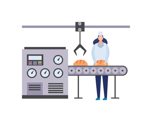 Food factory bakery equipment with worker flat vector illustration isolated.