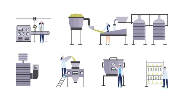 Azeite conjunto de equipamentos de produção e desenhos animados trabalhadores da fábrica de alimentos — Vetor de Stock