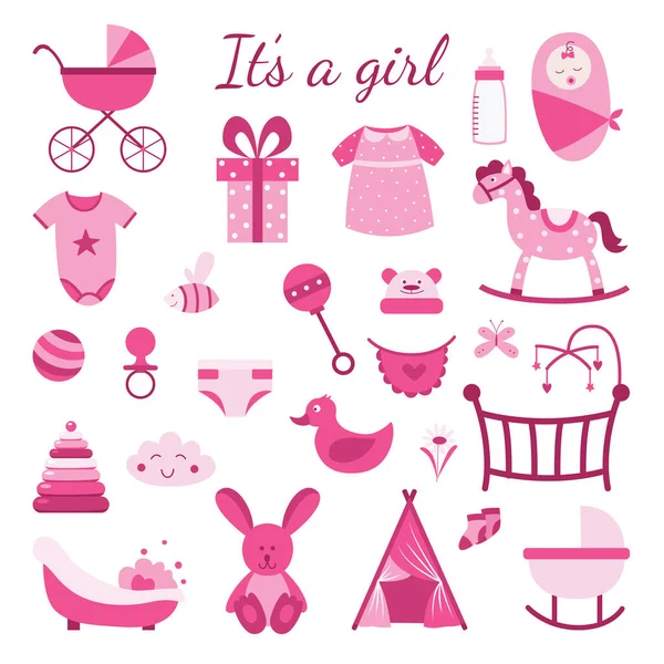 Bir kız. Pembe bebek oyuncakları seti. Cinsiyet ortaya çıkan parti posteri — Stok Vektör