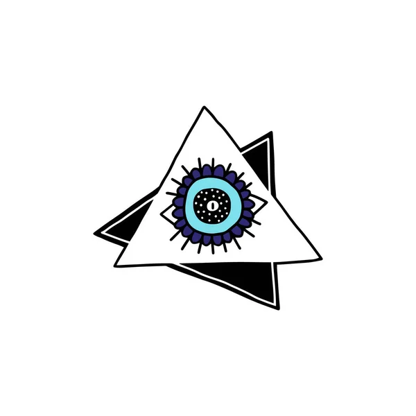 Evil eye blue charm symbol in triangles cartoon vector illustration isolated. — Stock Vector