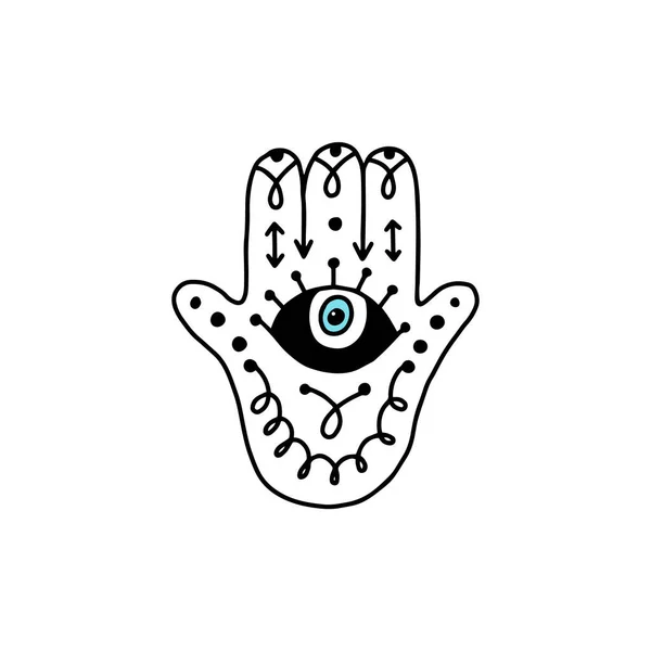 Mano de hamsa con ojo y runas místicas - dibujo de garabatos — Vector de stock