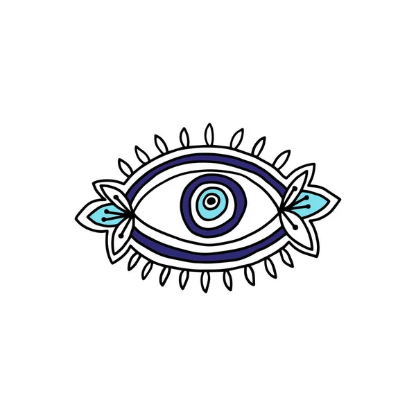Dibujo de ojos malignos con iris azul y flores — Vector de stock