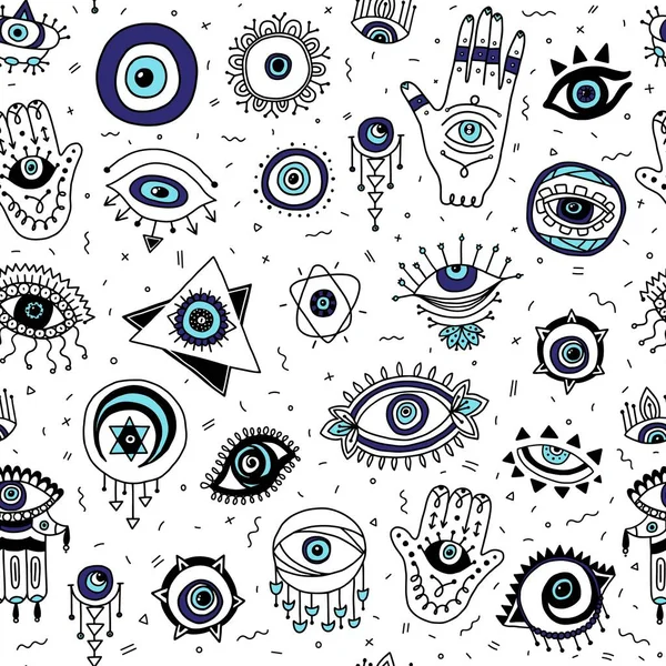 Seamless pattern with Evil eyes and Fatimas hand symbols vector illustration. Vector Graphics
