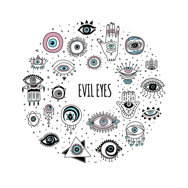 Frame with evil eyes and Fatima hands cartoon vector illustration isolated. Stock Illustration