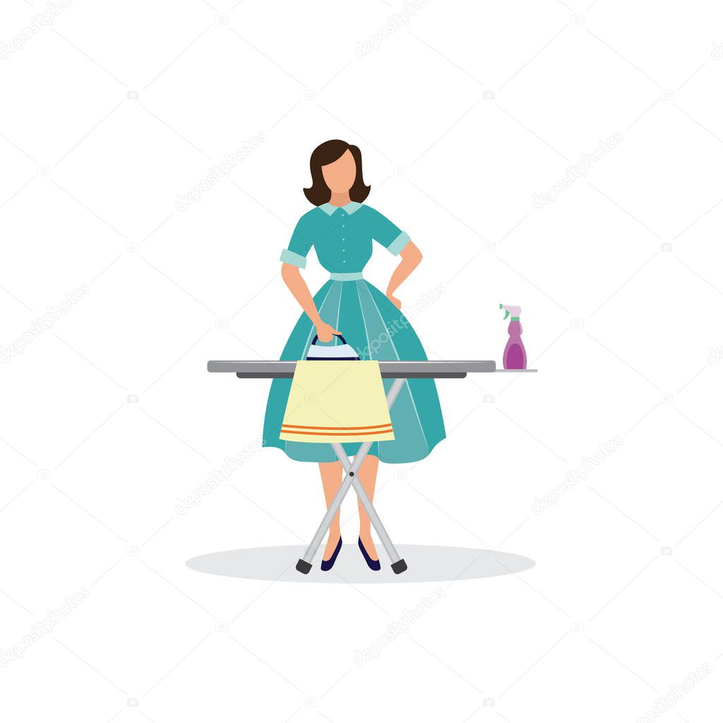 Cartoon woman ironing clothes - vintage lady in dress doing housework