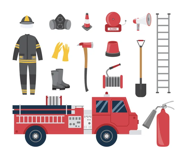 Collection of firefighter or fireman symbols flat vector illustration isolated.