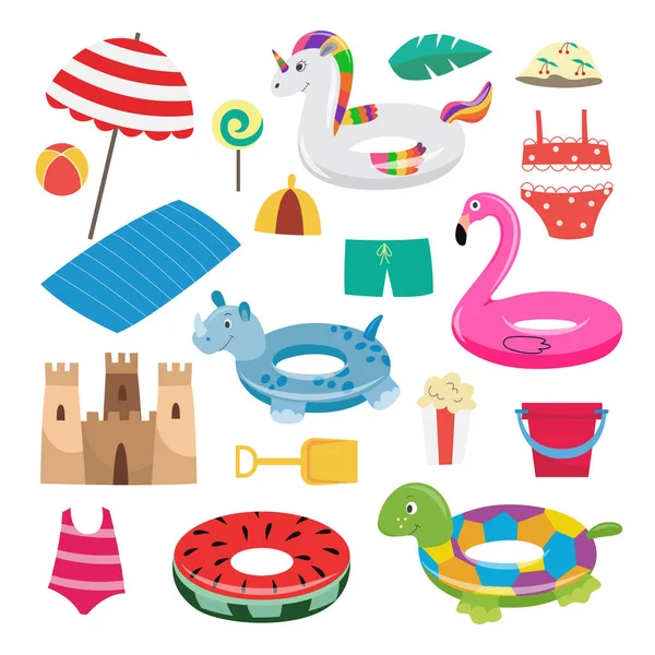 Set of beach accessories for summer fun of kids-vector isolated flat illustrations — Stock Vector
