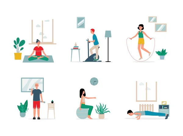 Gente haciendo ejercicios de fitness en casa gimnasio - conjunto aislado — Vector de stock