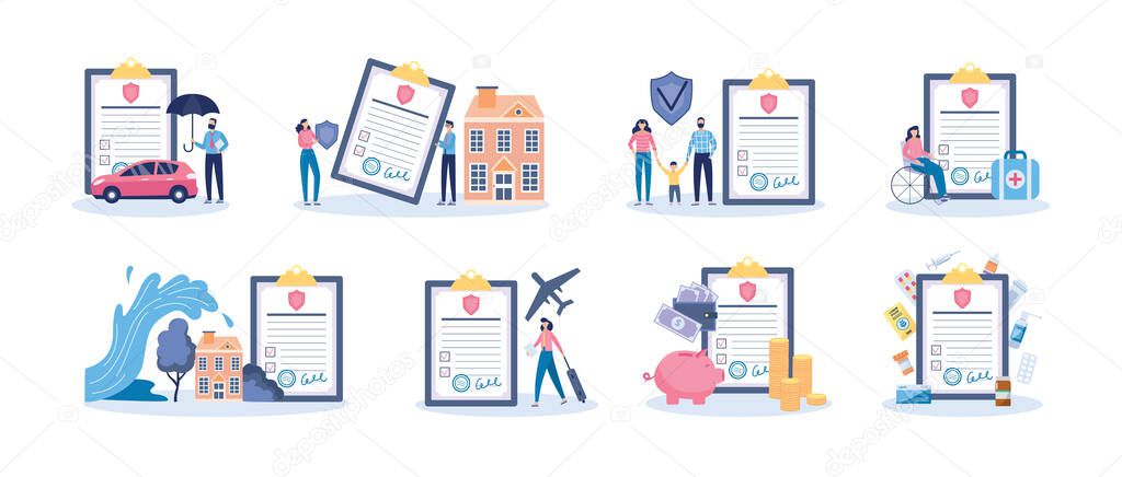 Set for insurance agency of assurance cases, flat vector illustration isolated.