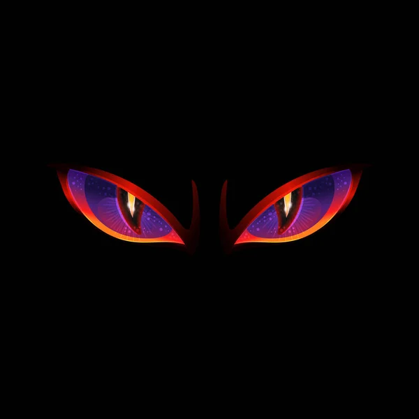 Złe oczy ze świecącymi czerwonymi i fioletowymi kolorami - potwór Halloween — Wektor stockowy