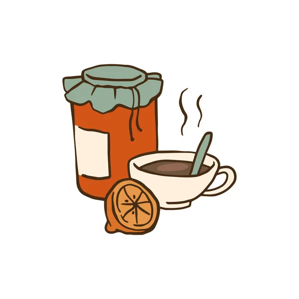 Varm kopp te, marmelad syltburk och citronskiva - mysig vinterdryck — Stock vektor