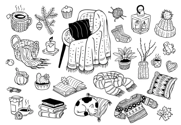 Vector sketch set of cozy hygge elements — Stock Vector