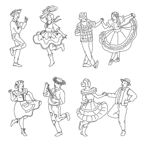 Festa Junina - Brasilien Juni Urlaub Party Reihe von Cartoon-Menschen tanzen — Stockvektor
