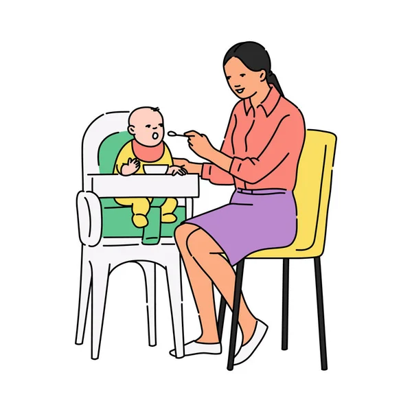 Иллюстрация няни, которая кормит маленького ребенка. — стоковый вектор