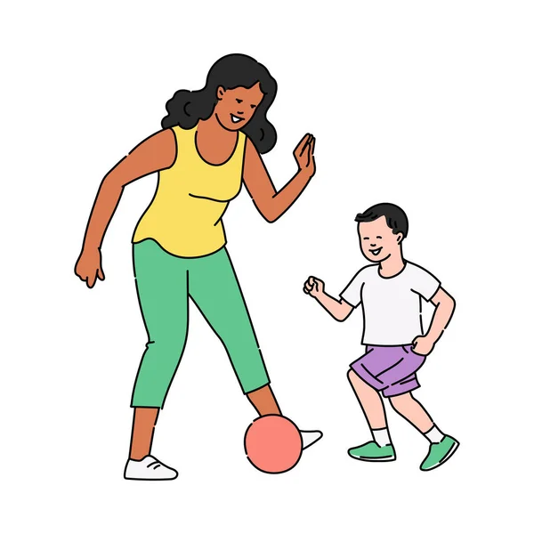Barnvakt spelar fotboll med barn, skiss vektor illustration isolerad. — Stock vektor