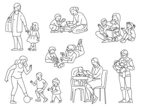 Set van nanny en kinderen in zwarte lijn kunst, schets vector illustratie geïsoleerd. — Stockvector