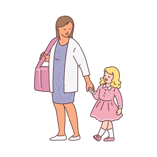 Mujer de dibujos animados y niño niña caminando y tomados de la mano — Vector de stock