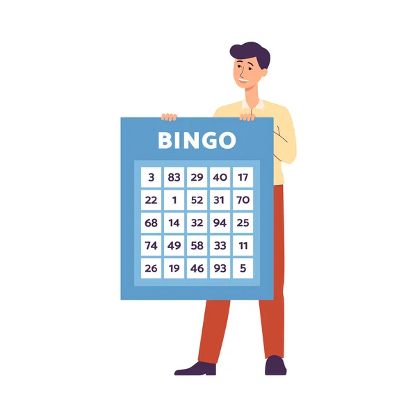 Ilustración vectorial de un hombre sosteniendo un boleto de lotería de bingo. — Vector de stock