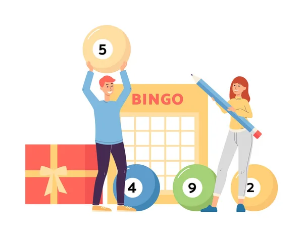 Människor bland bingo lotteri bollar och kort platt vektor illustration isolerad. — Stock vektor