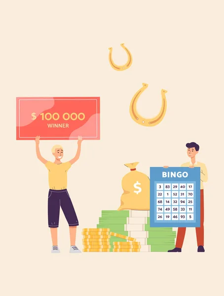 Vektor illustration av den lyckliga vinnaren som vann jackpotten i bingo lotteri — Stock vektor