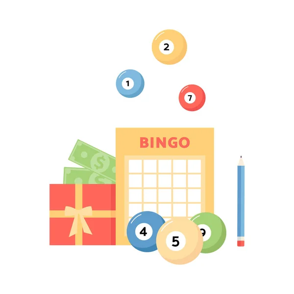 Bingo game card, balls and prize money concept isolated on white background — Stock Vector