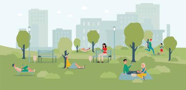 City park landscape banner with cartoon people relaxing outdoors vector City park landscape banner with cartoon people relaxing outdoors vector