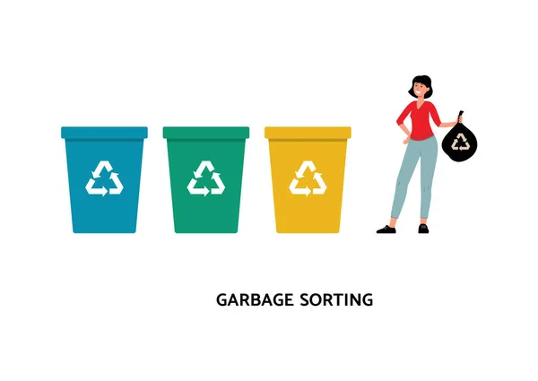 Tri des ordures avec femme et poubelles illustration vectorielle plate isolé. — Image vectorielle