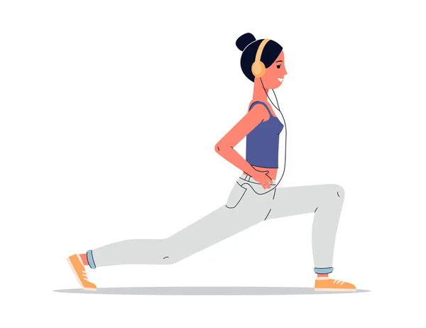 Vrouw doet yoga met hoofdtelefoon - cartoon vrouwelijke atleet in longe pose — Stockvector