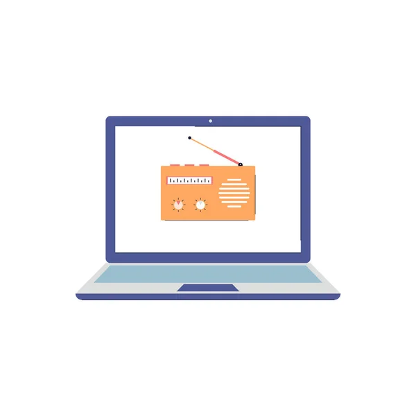 Símbolo de rádio online com receptor de rádio na ilustração vetorial laptop isolado. — Vetor de Stock