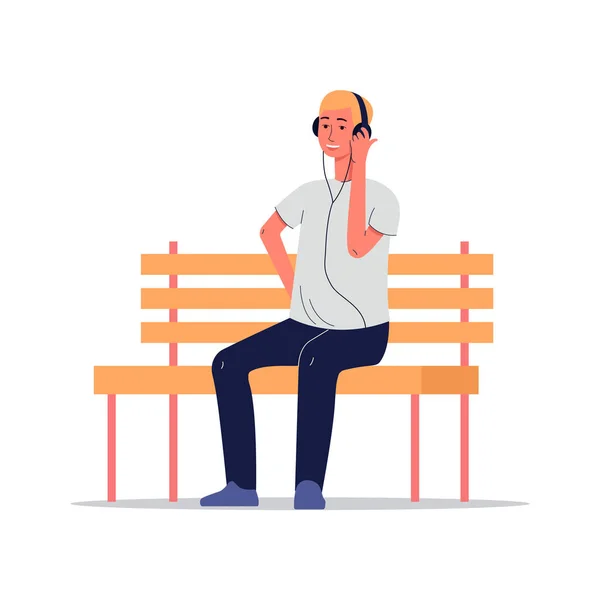 Ilustração vetorial de um cara que ouve música com fones de ouvido. —  Vetores de Stock