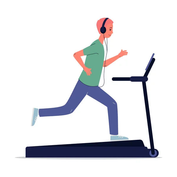 Un hombre con auriculares entrena en una ilustración de vectores de cinta de correr. — Vector de stock