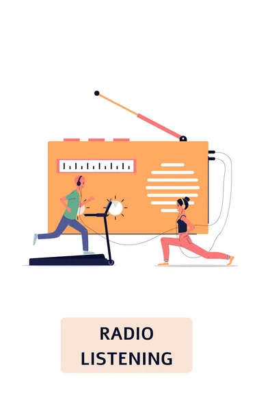 人とラジオ受信機フラットベクトルのイラストとラジオのリスニング孤立. — ストックベクタ