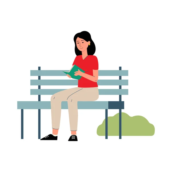 Ilustración vectorial de una joven leyendo un libro sentado en un banco del parque. — Vector de stock