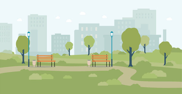 Summer or spring city park with town buildings background-vector flat illustration
