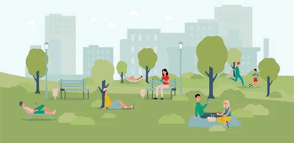 Cidade parque paisagem banner com desenhos animados pessoas relaxando ao ar livre — Vetor de Stock