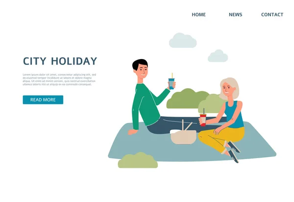 Modello di banner per le vacanze in città con coppia su illustrazione vettoriale piatta da picnic. — Vettoriale Stock