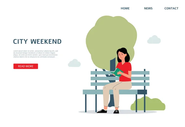 Donna che legge il libro sulla panchina del parco - sito web banner template — Vettoriale Stock