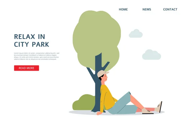 Détendez-vous et loisirs dans le parc de la ville modèle de site Web avec l'homme illustration vectorielle plat. — Image vectorielle