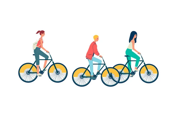 Grupo de personas que viajan en bicicletas alquiladas ilustración vector plano aislado. — Vector de stock